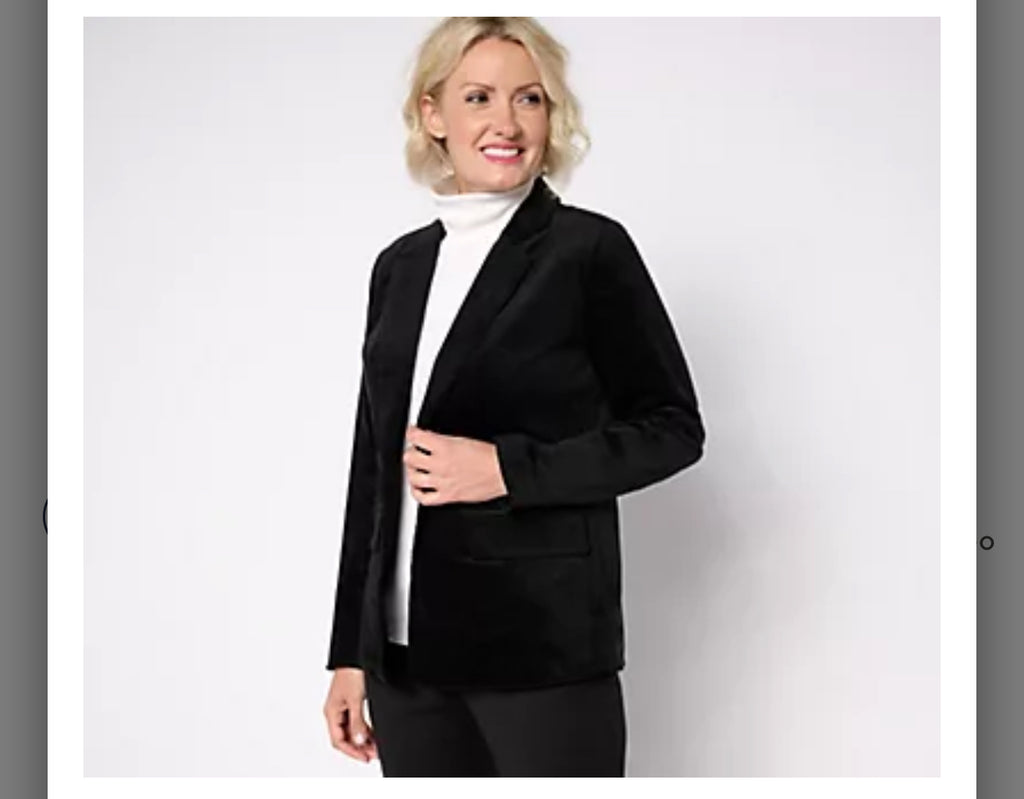 Denim & Co. Regular Stretch Velvet One Button Blazer. Black/X-Small