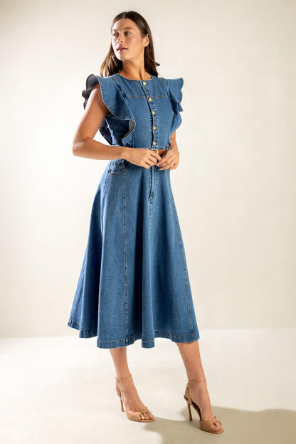 CLASSIC WITH A TWIST DENIM MIDI DRESS