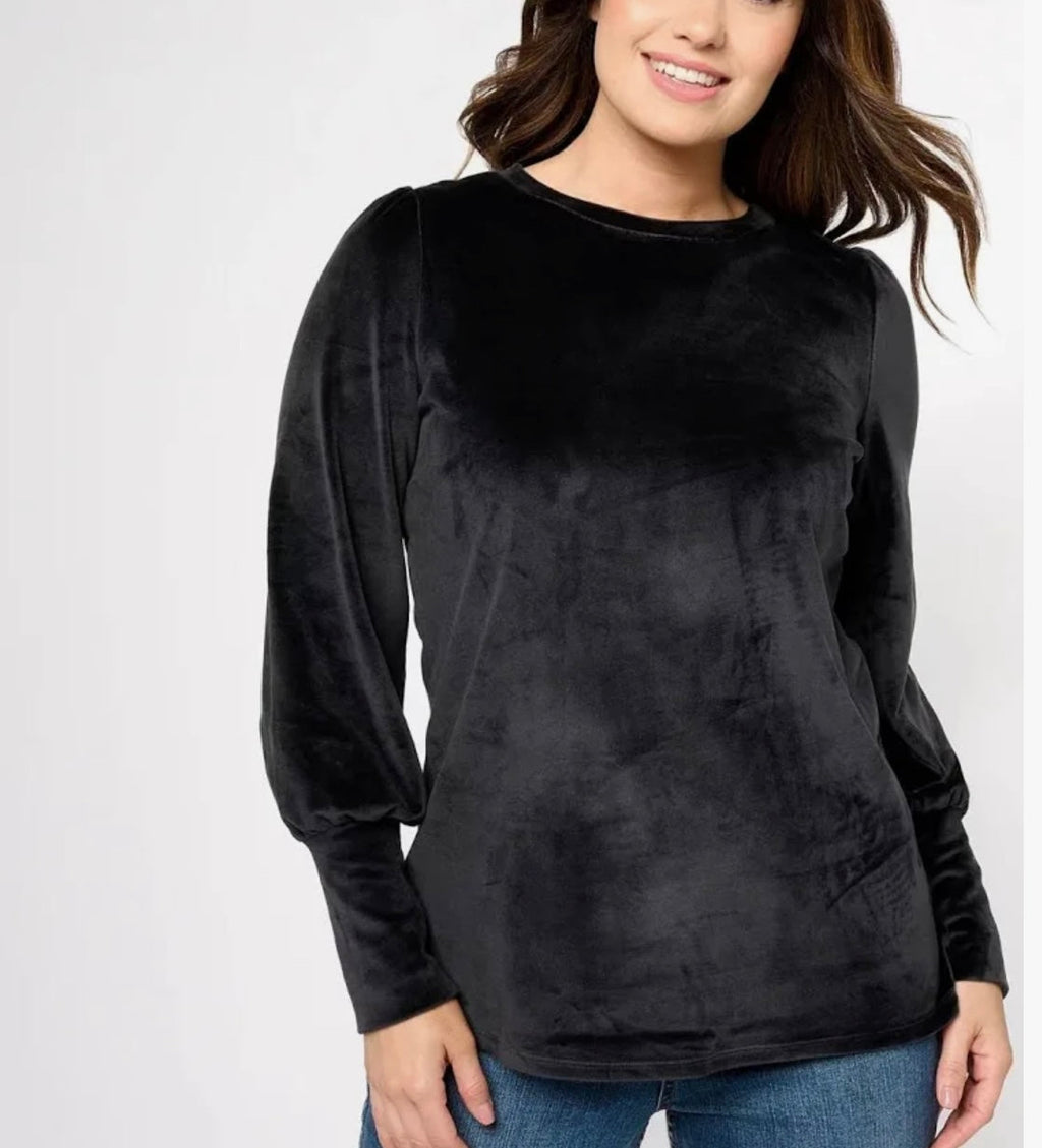 Belle by Kim Gravel Velour Top_with Ruched Shoulder and Long Cuff