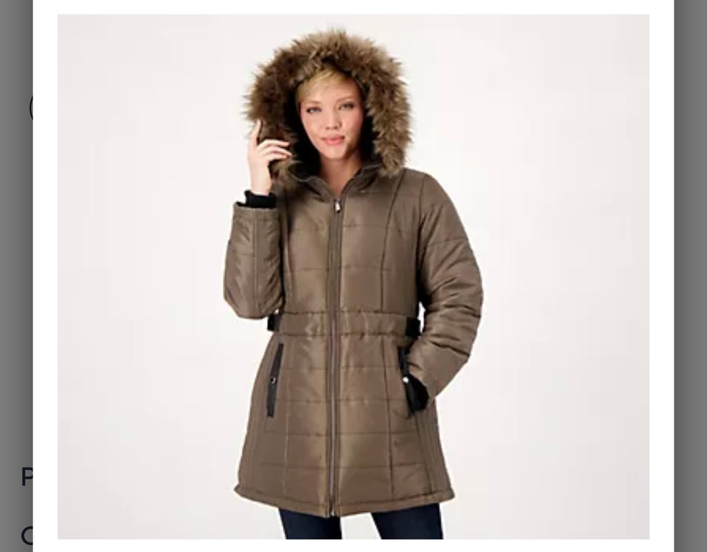 Susan Graver Water-Resistant Puffer Coat with Faux Leather Detail. Size 2XLarge