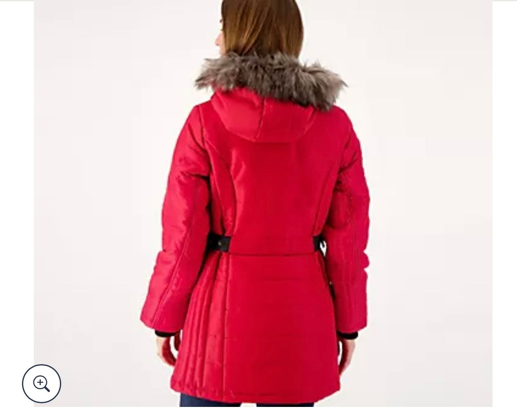 Susan Graver Water-Resistant Puffer Coat with Faux Leather Detail. Size Large