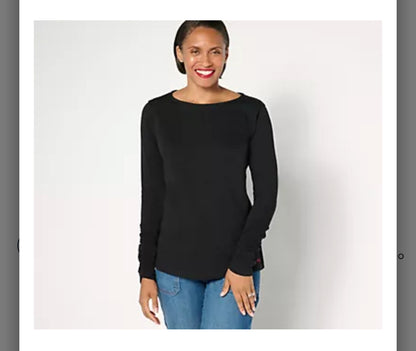Peace Love World Boatneck Long Sleeve Tee with Sleeve Rouching