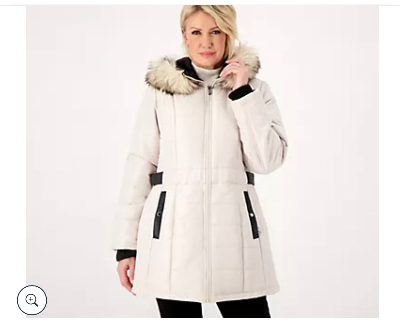 Susan Graver Water-Resistant Puffer Coat with Faux Leather Detail. Size Large