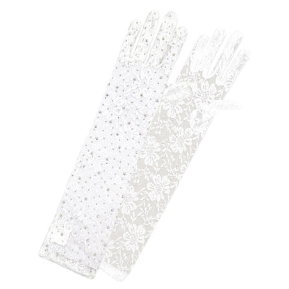 Stone Embellished Floral Lace Dressy Long Wedding Gloves
