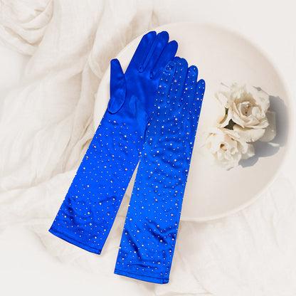 Stone Embellished Dressy Satin Long Wedding Gloves