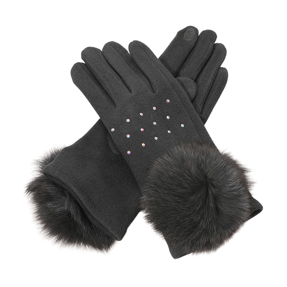 Faux Fur Cuff Pom Rhinestone Embellished Smart Touch Winter Gloves