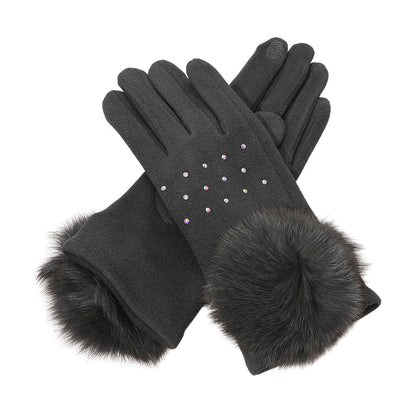 Faux Fur Cuff Pom Rhinestone Embellished Smart Touch Winter Gloves