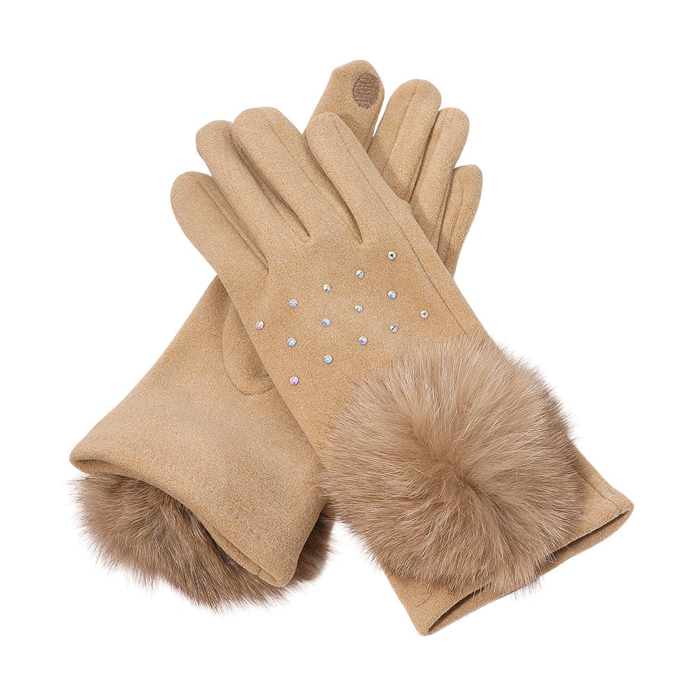 Faux Fur Cuff Pom Rhinestone Embellished Smart Touch Winter Gloves