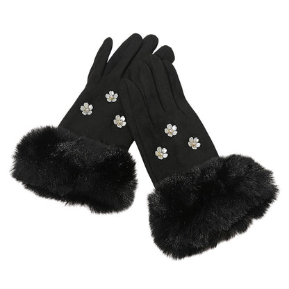 Rhinestone Flower Embellished Faux Fur Cuff Smart Touch Winter Gloves