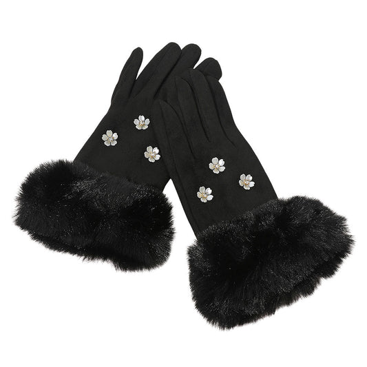Rhinestone Flower Embellished Faux Fur Cuff Smart Touch Winter Gloves