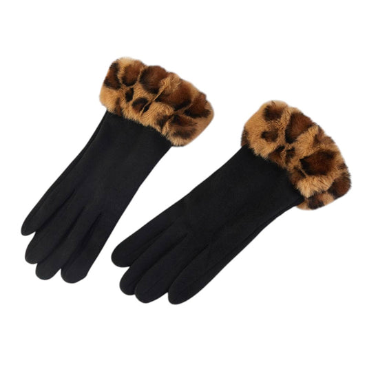 Leopard Faux Fur Wrist Trim Smart Touch Winter Gloves