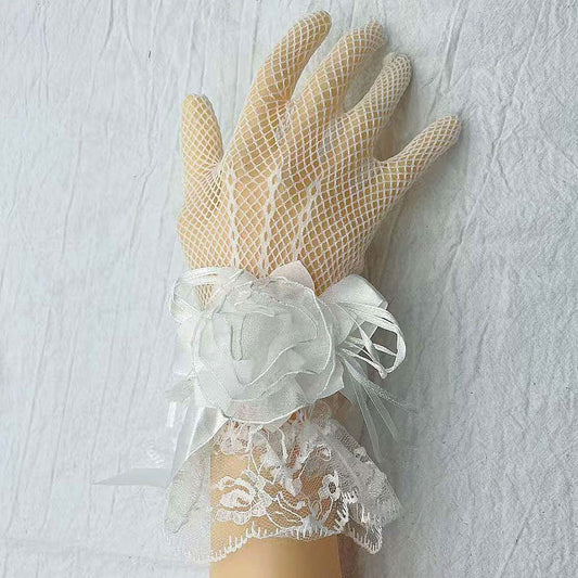 Dressy Floral Bow Wrist Accent Lace Gloves