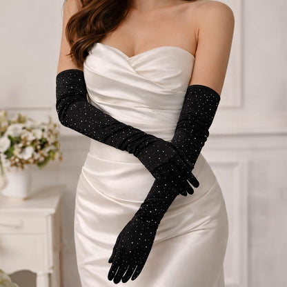 Stone Embellished Dressy Satin Long Wedding Gloves