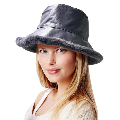 Faux Fur Inside Brim Solid Bucket Hat