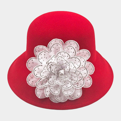 Bling Studded Flower Felt Wedding Jazz Church Bucket Hat