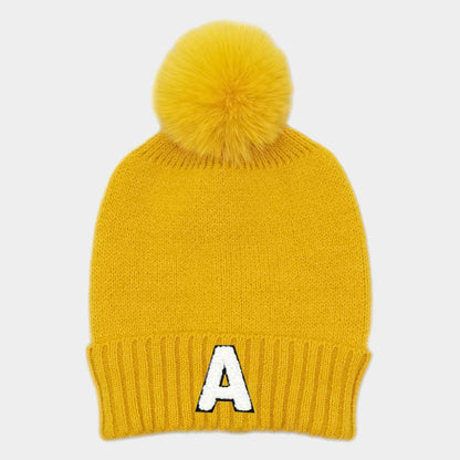 -A- Initial Monogram Faux Fur Pom Pom Knit Beanie Hat