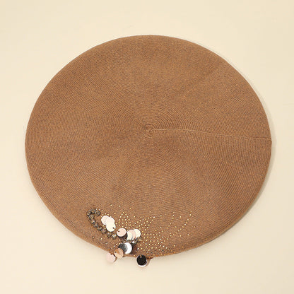 Decorative Sequin Rhinestone Embellished Winter Beret Hat