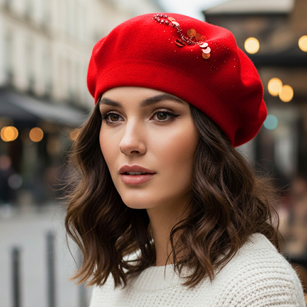 Decorative Sequin Rhinestone Embellished Winter Beret Hat
