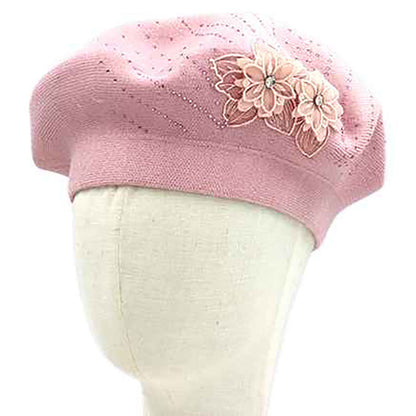Floral Applique Accent Winter Beret Hat