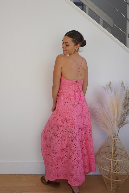 Palm Eyelet Cross Back Dress - Pink