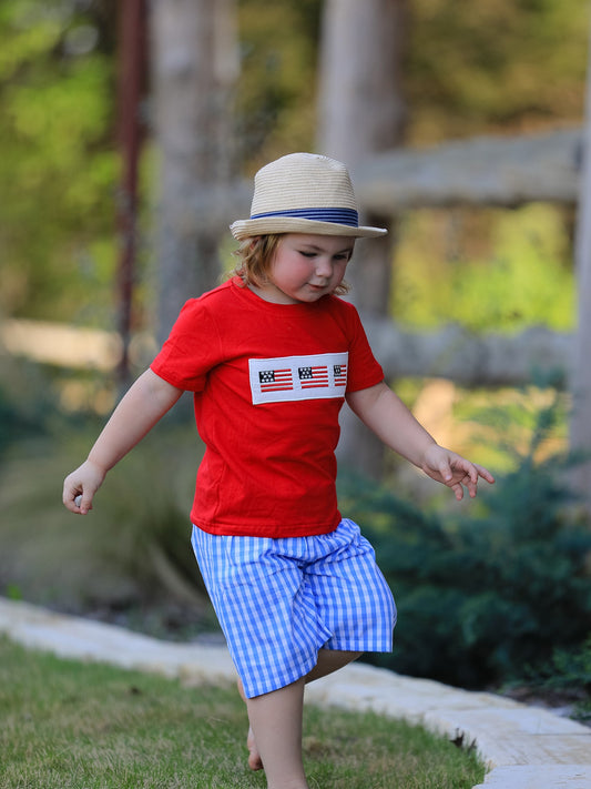 4th of july Flag Embroidery Smocking Boys Set