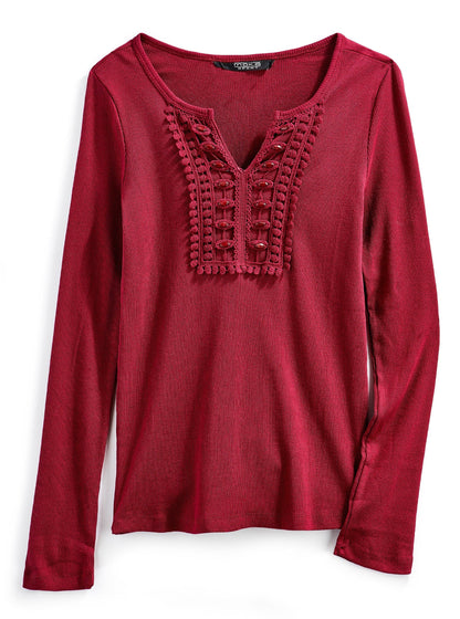 Women's Open Crochet And Jewel Trim V-Neck Knit Top in Cotton Rib Knit