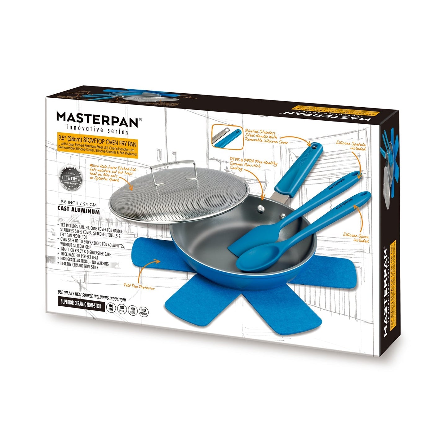 MASTERPAN Ceramic Nonstick Stovetop Oven Frypan & Skillet & Stainless Steel Lid Set, Azure Color 9.5"(24cm)