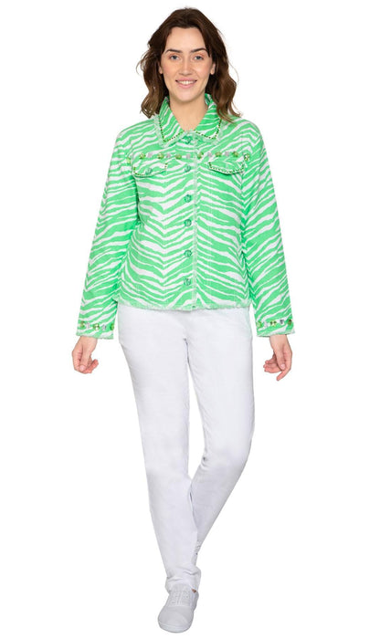 Women's Jewel Trimmed Zebra Printed Canvas Jacket