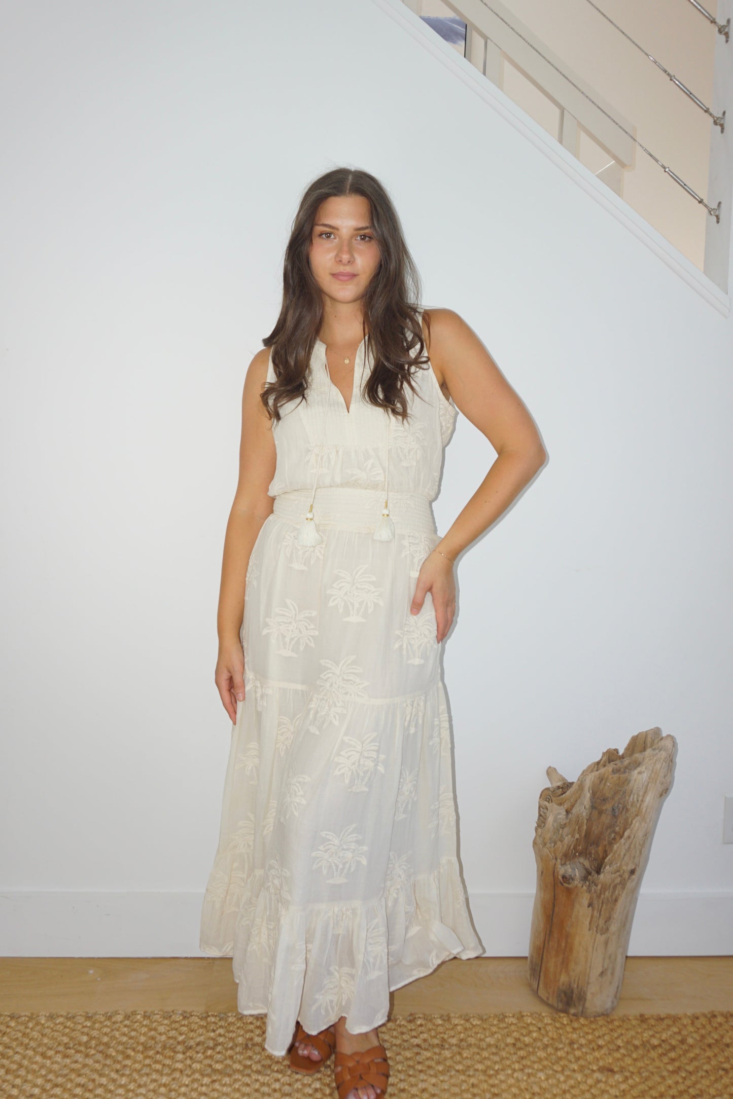 Paloma Dress in Cream Palm Embroidery