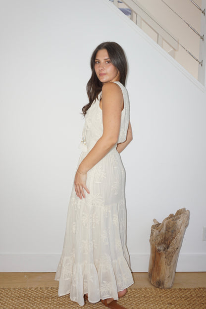 Paloma Dress in Cream Palm Embroidery