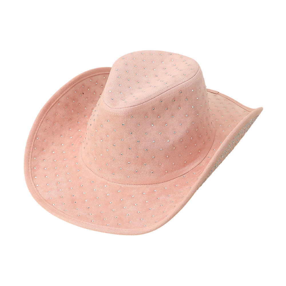 Rhinestone Embellished Faux Suede Western Cowboy Fedora Hat