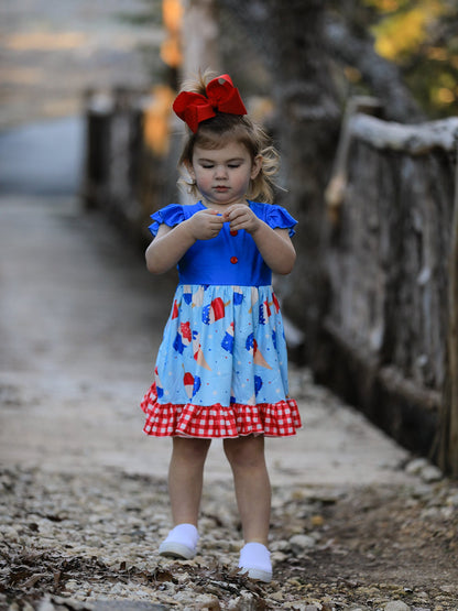 4th of july Ice Cream Print Plaid Girls Ruffle Dress