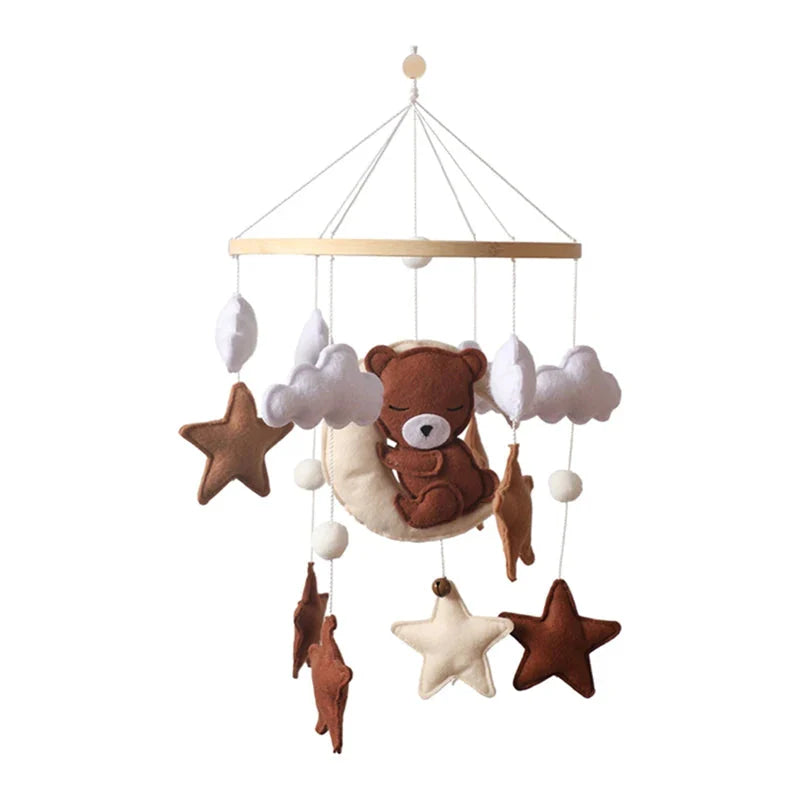 Crib Mobile Rattle Wooden Baby Bell with Felt Cartoon Bear Toys