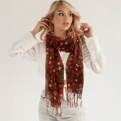Floral Print Fringe Oblong Scarf