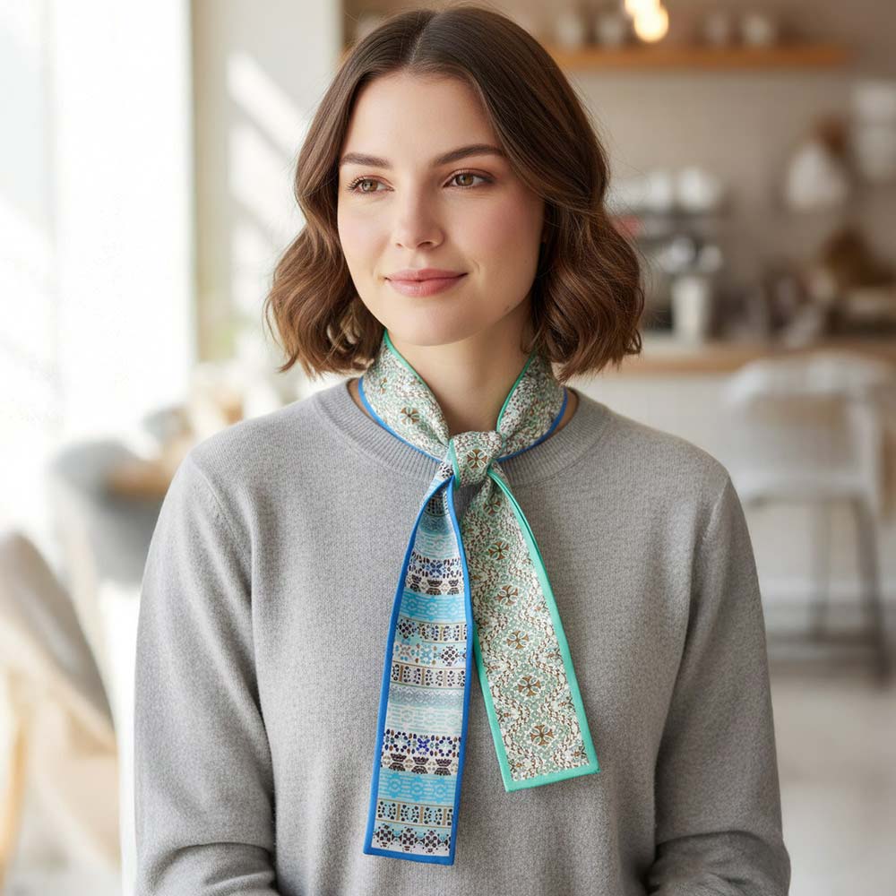 Geometric Jacquard Pattern Print Silk Feel Twilly Skinny Scarf