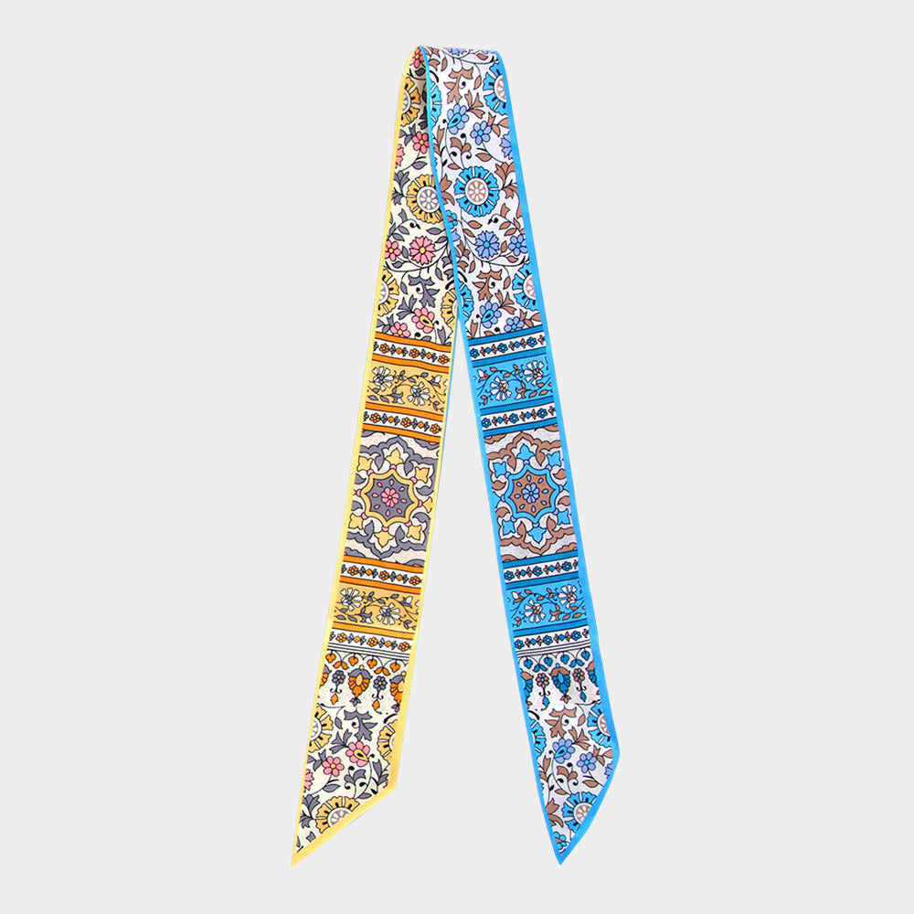 Vintage Floral Medallion Allover Print Silk Feel Twilly Skinny Scarf