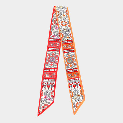 Vintage Floral Medallion Allover Print Silk Feel Twilly Skinny Scarf