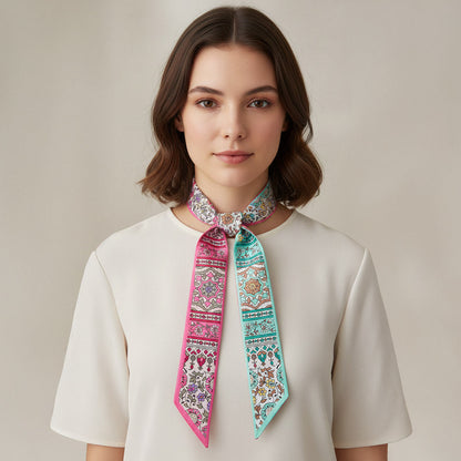 Vintage Floral Medallion Allover Print Silk Feel Twilly Skinny Scarf