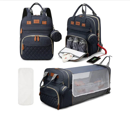 3 in 1 Diaper Bag Backpack with Foldable Baby Bed & USB