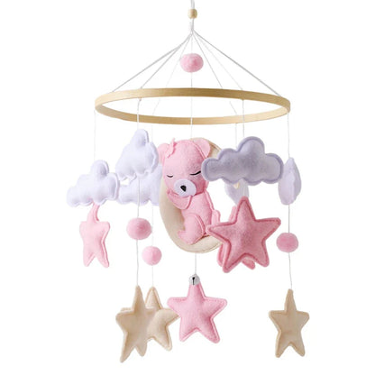 Crib Mobile Rattle Wooden Baby Bell with Felt Cartoon Bear Toys