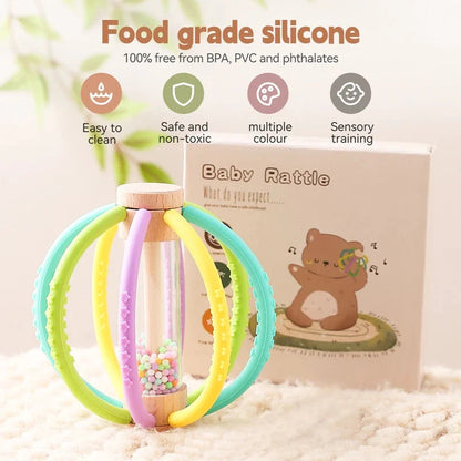 Wooden Rain Drum Baby Rattle Silicone Teether Toy