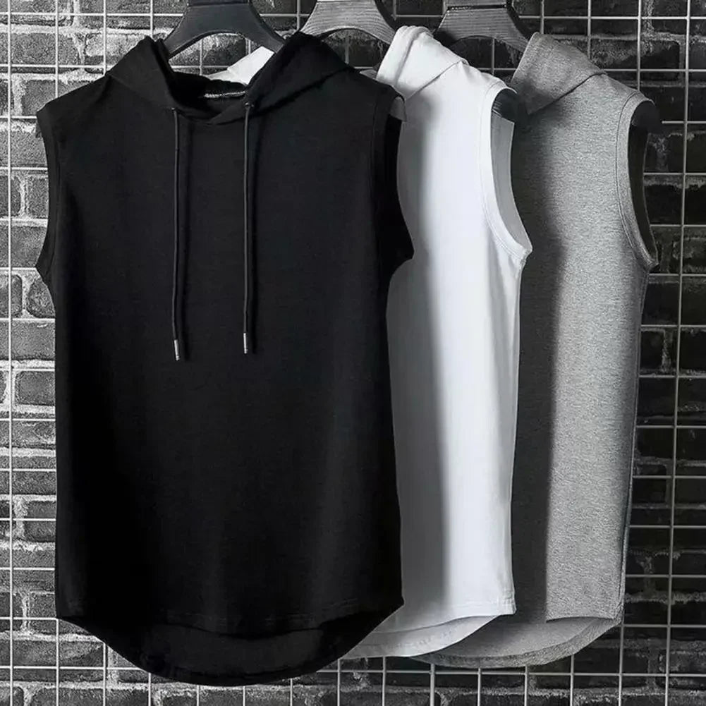 Silk Summer Muscle Hoodie Vest Sleeveless Bodybuilding Gym Workout Fitness Shirt