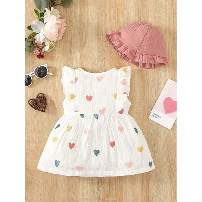 Baby Girl Summer Dress Set (0–9M) – Love Print Sleeveless Dress with Matching Hat