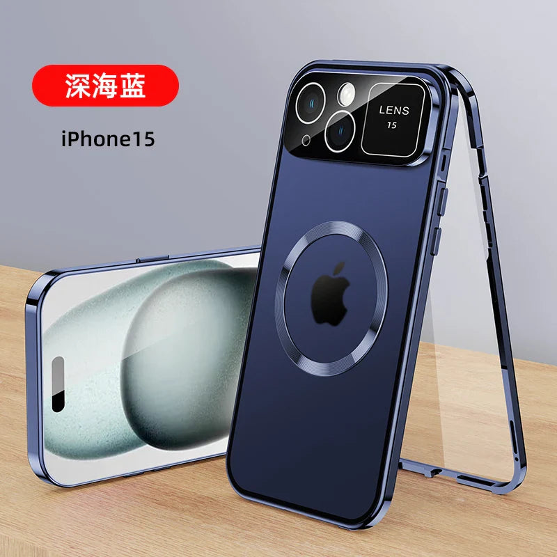 For iPhone 16 15 14 13 12 Pro Max Large Window Lens Protection Aluminum Metal Magnetic Case