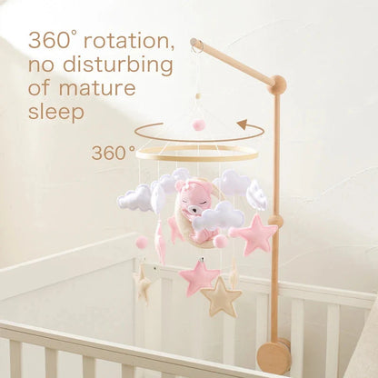 Crib Mobile Rattle Wooden Baby Bell with Felt Cartoon Bear Toys