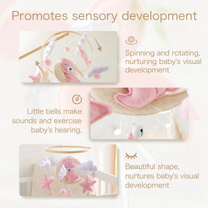 Crib Mobile Rattle Wooden Baby Bell with Felt Cartoon Bear Toys