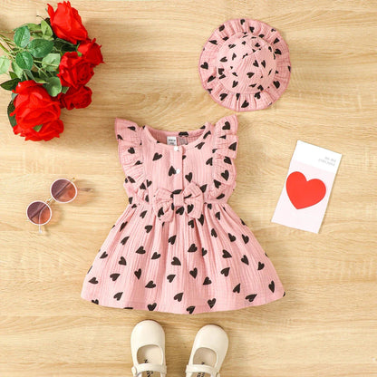 Baby Girl Summer Dress Set (0–9M) – Love Print Sleeveless Dress with Matching Hat