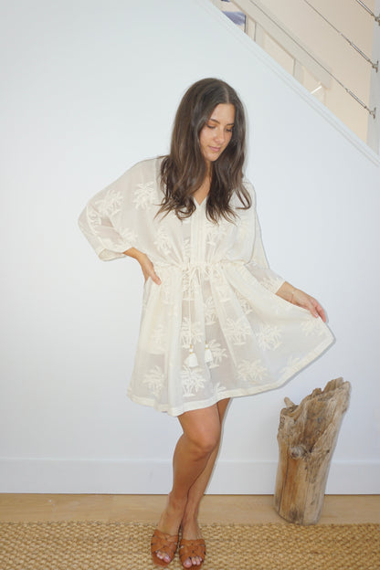 Savannah Kaftan in Cream Palm Embroidery