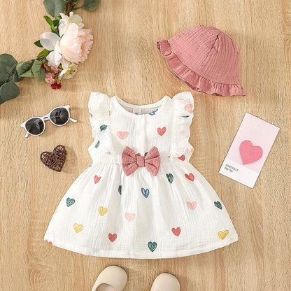 Baby Girl Summer Dress Set (0–9M) – Love Print Sleeveless Dress with Matching Hat