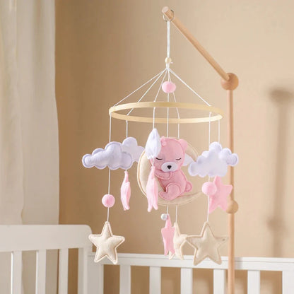 Crib Mobile Rattle Wooden Baby Bell with Felt Cartoon Bear Toys
